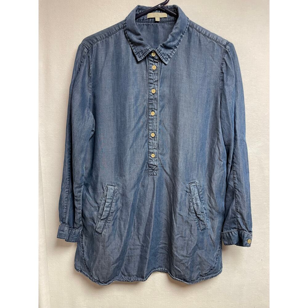 Joan Vass Blue Wash 100% Tencel Chambray Long Sleeve Tunic Button Pocket Medium